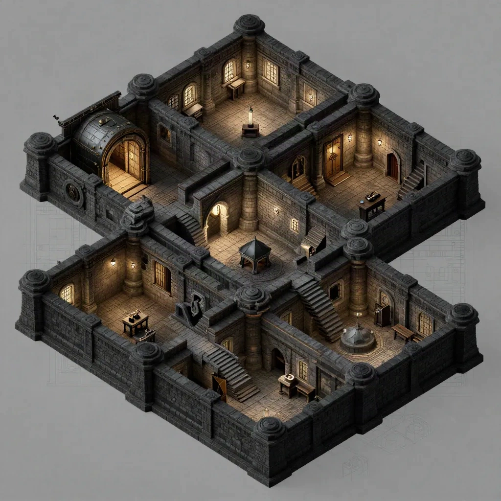 Isometric cutaway view of a procedurally generated dungeon showing distinct room types