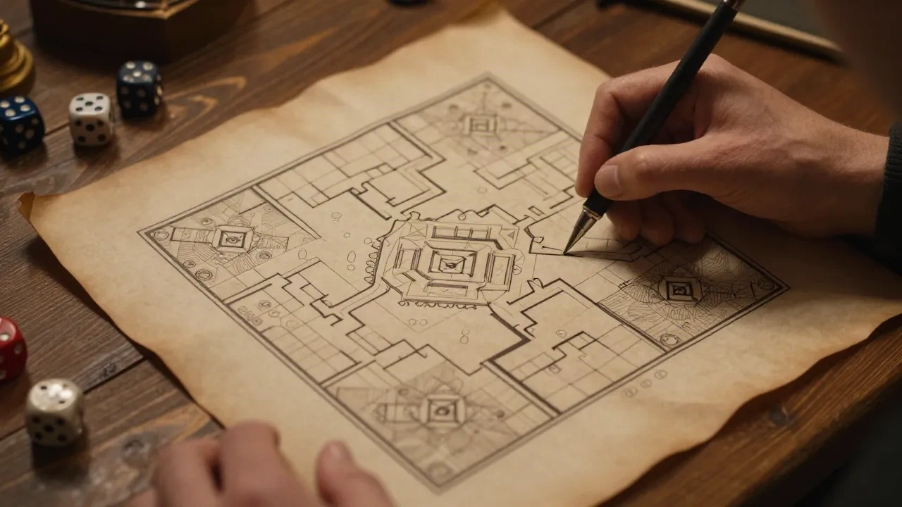 Un master che disegna una mappa del dungeon a mano su pergamena, luce calda della lampada, dadi nelle vicinanze