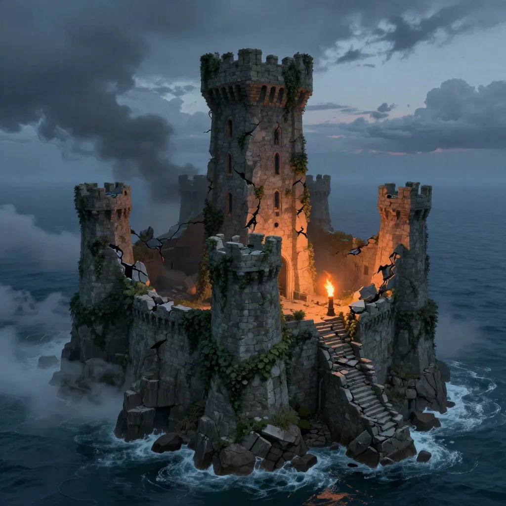 Concept art of a crumbling sea-cliff citadel at dusk -- the kind of location reveal image a GM generates for campaign sessions