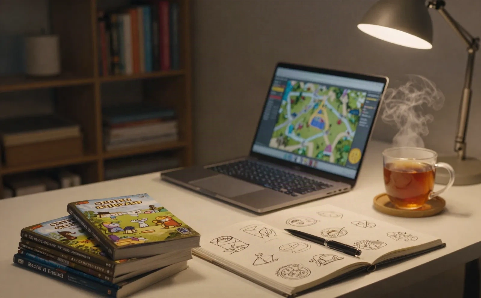 An indie tabletop designer's desk with a laptop, self-published rulebooks, and a sketchbook of logo concepts