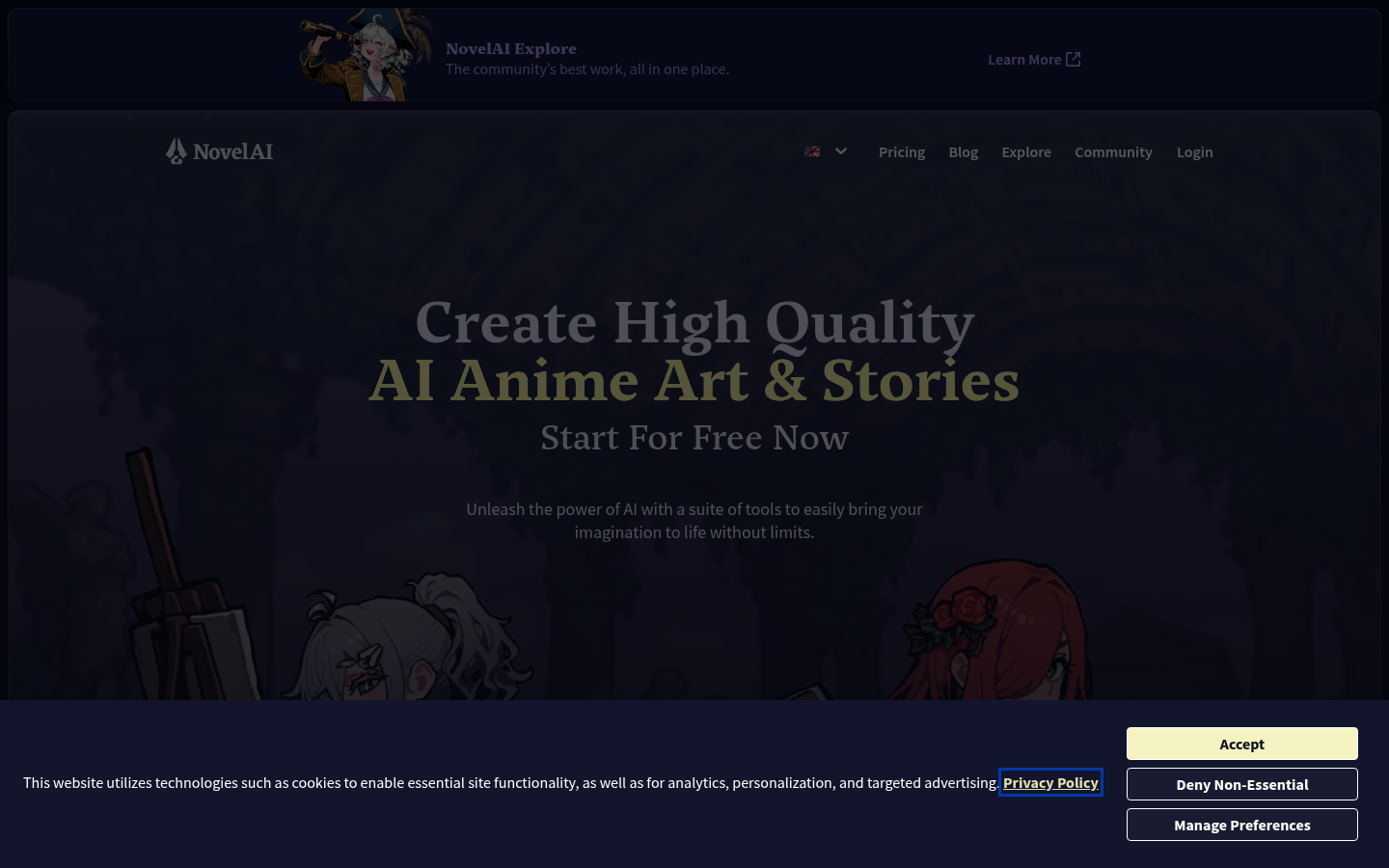 Página de inicio de NovelAI mostrando el arte de anime de IA y página de destino de narrativa