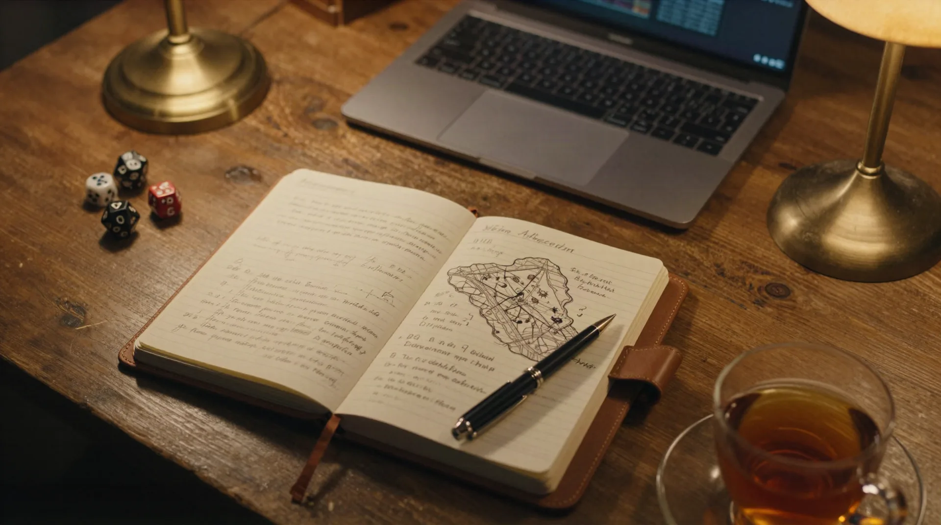 Escritorio de máster de juego por la noche con un cuaderno de campaña abierto, mapa dibujado a mano, dados y una laptop cerrada bajo luz cálida