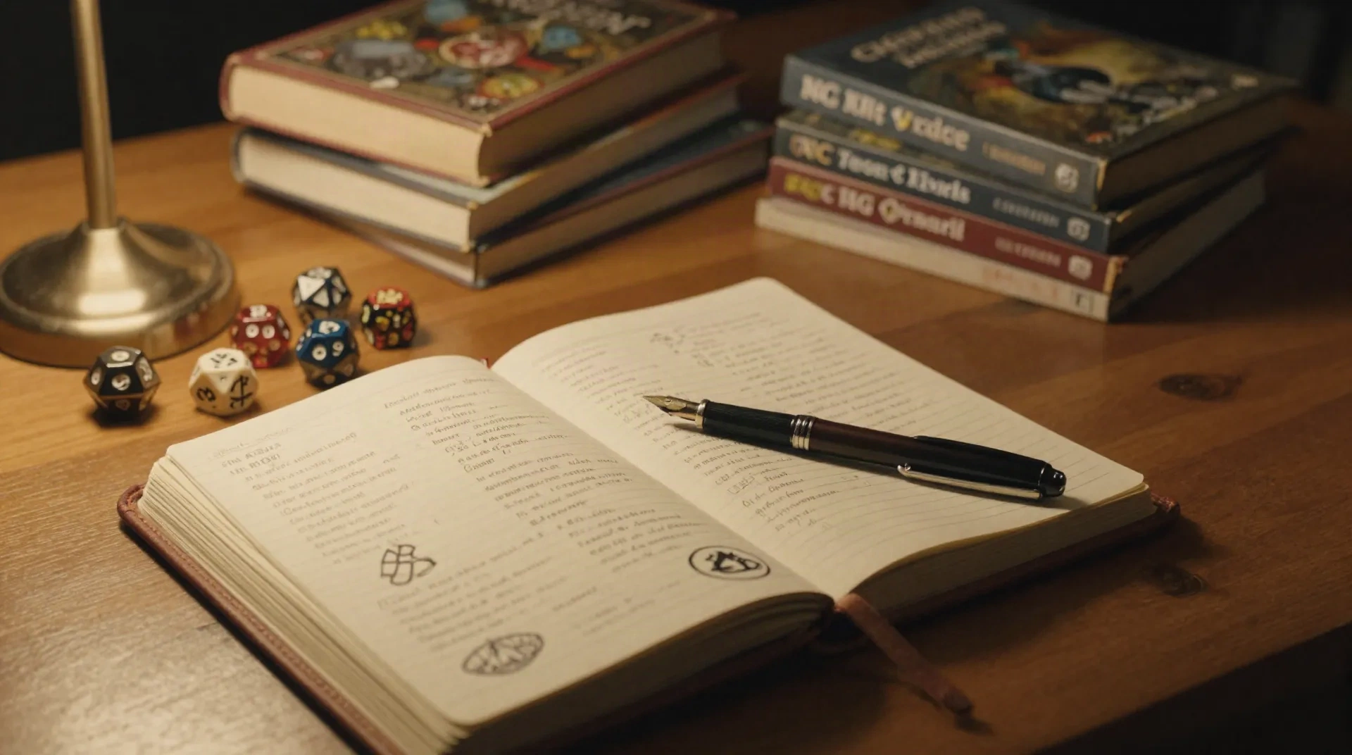 A game master's desk at night with an open campaign journal, dice, and a fountain pen under warm lamp light