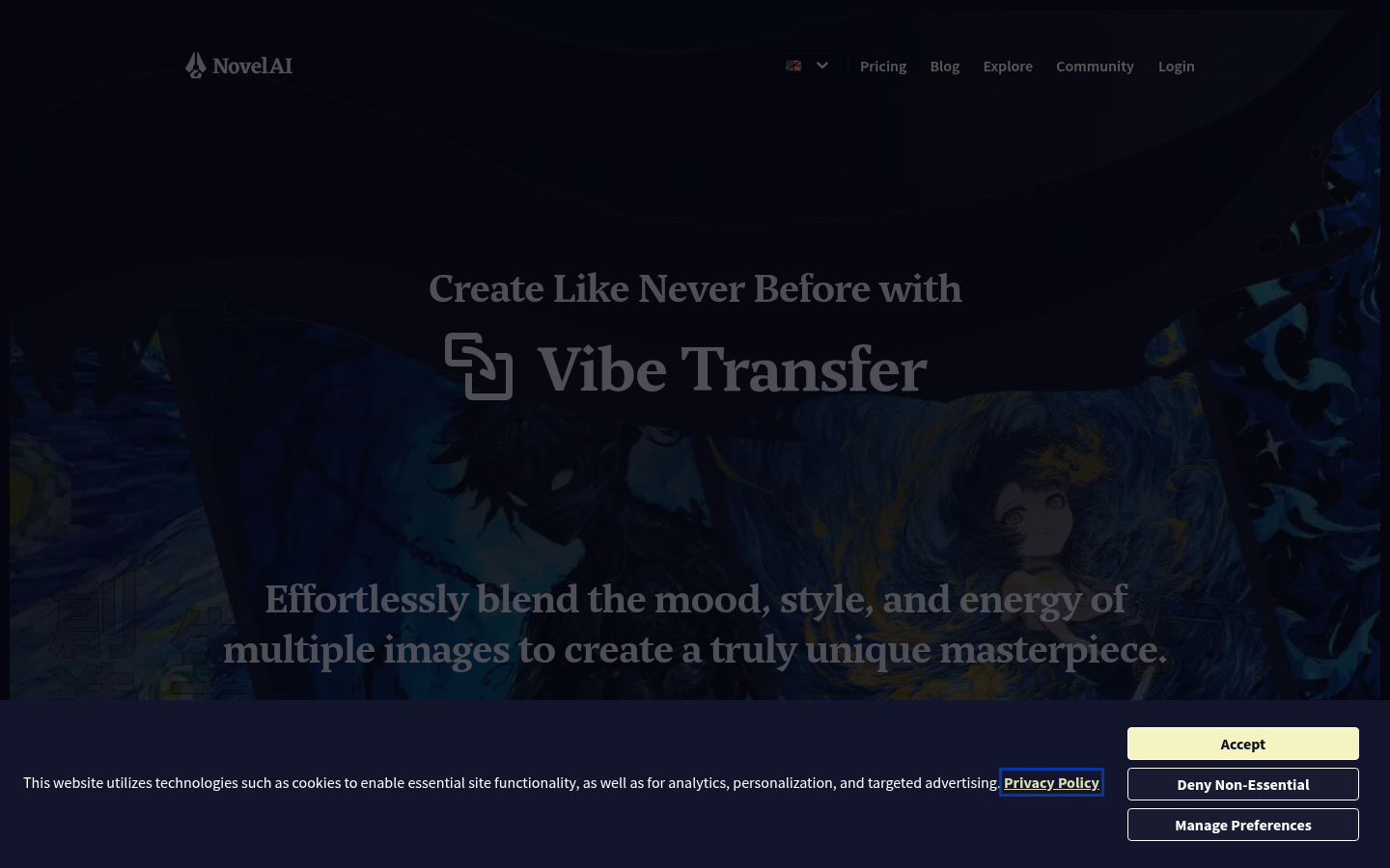 NovelAI Vibe Transfer feature page for style-referenced anime image generation