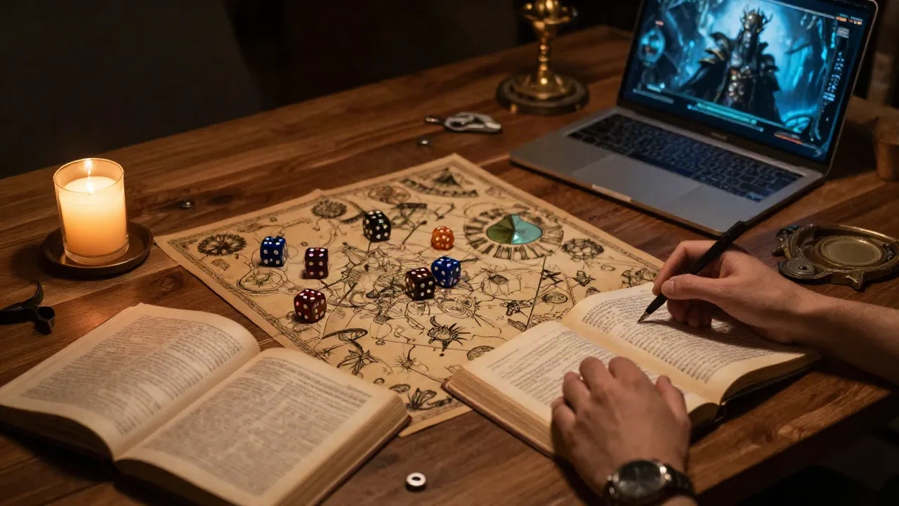 A world-builder game table with dice, maps and a glowing laptop screen showing AI-generated fantasy character art