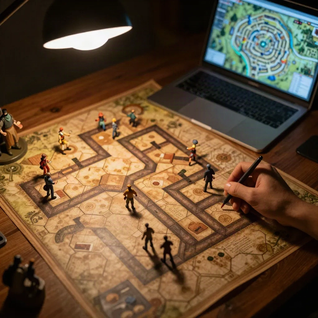 TTRPG dungeon crawl session with digital dungeon generator on laptop beside physical map