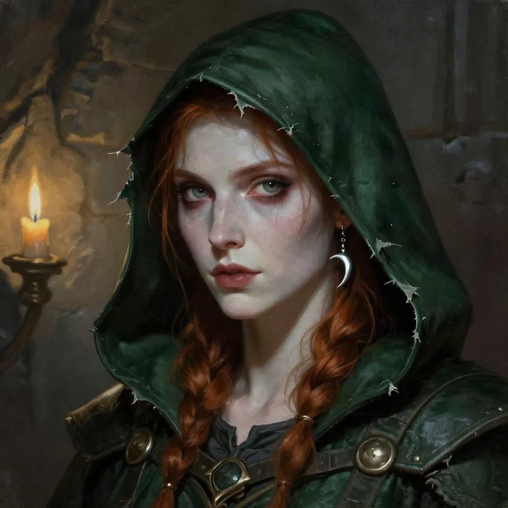 AI-generated fantasy portrait of an elven rogue with distinctive visual anchors -- scar, crescent earring, tattered hood
