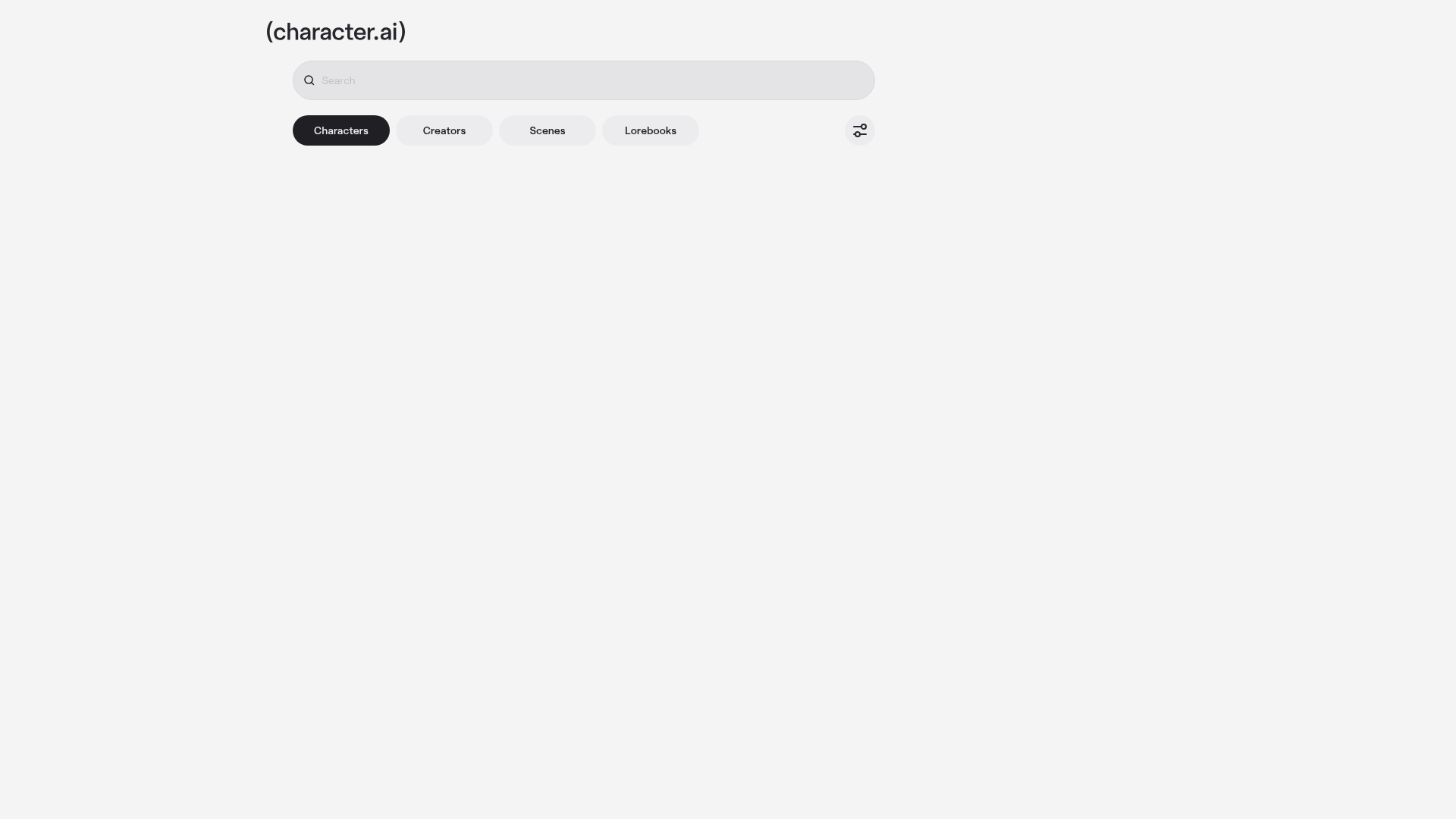 Character.AI search interface with Characters, Creators, Scenes, and Lorebooks tabs