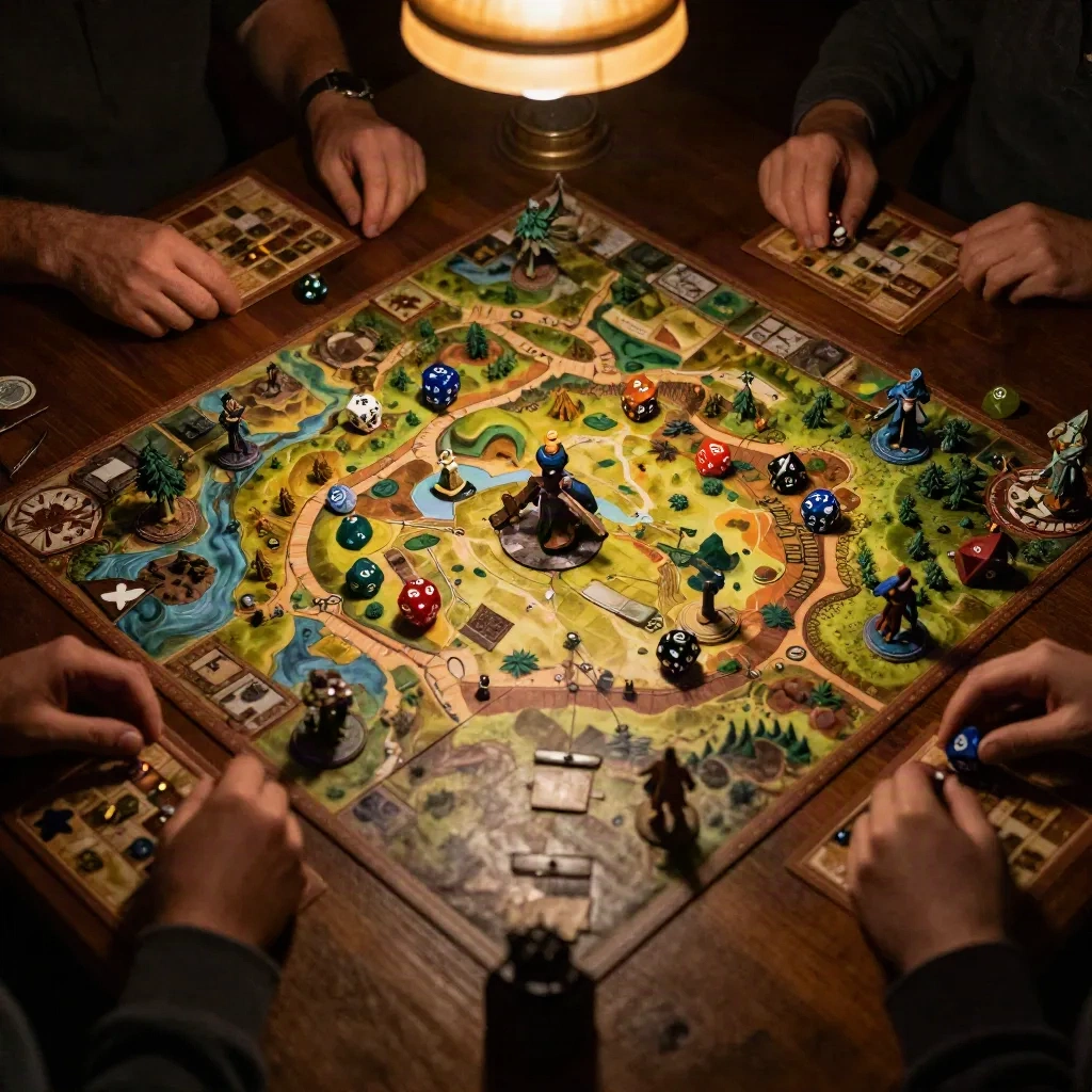 Overhead view of a tabletop RPG session with fantasy terrain map, polyhedral dice and miniatures