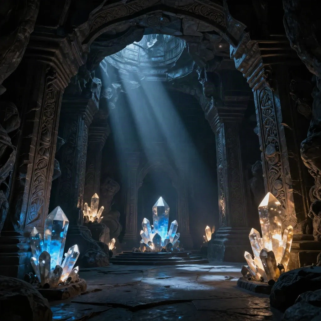Photorealistic fantasy dungeon interior with glowing crystal formations and dramatic lighting