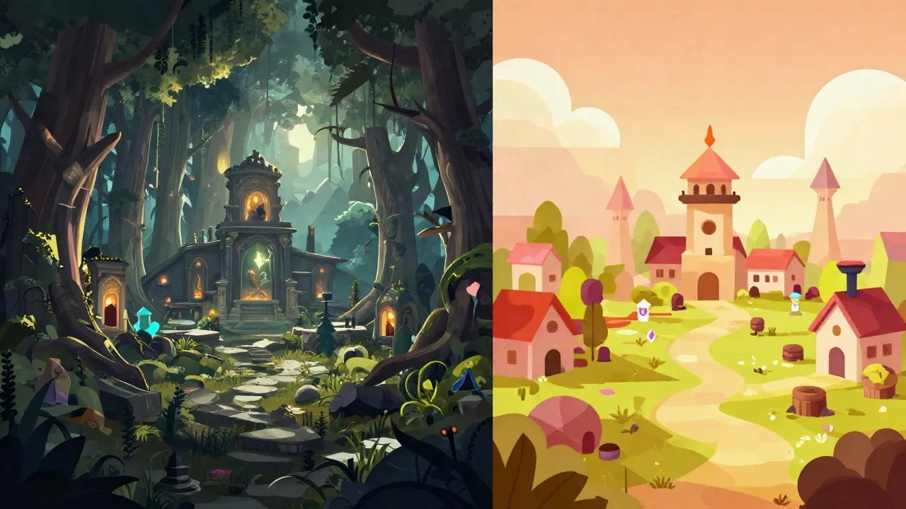 Split art style comparison: photorealistic fantasy forest on the left versus stylized low-poly fantasy village on the right