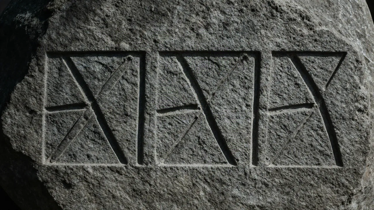 Antike Runeninschrift in verwittertem grauem Stein gemeißelt, atmosphärisches Gegenlicht