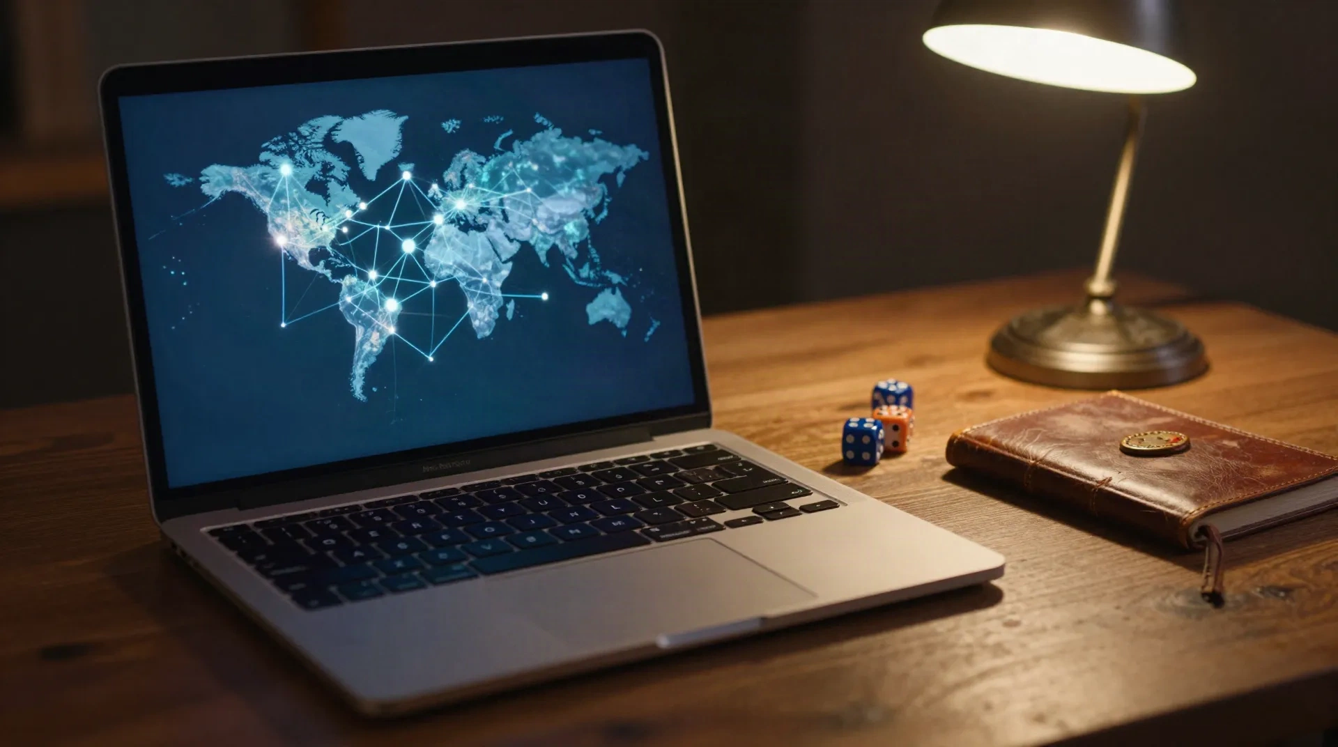 Scrivania di un maestro di gioco di notte con un laptop che mostra una mappa del mondo interconnessa e luminosa, dadi e un taccuino di campagna in pelle
