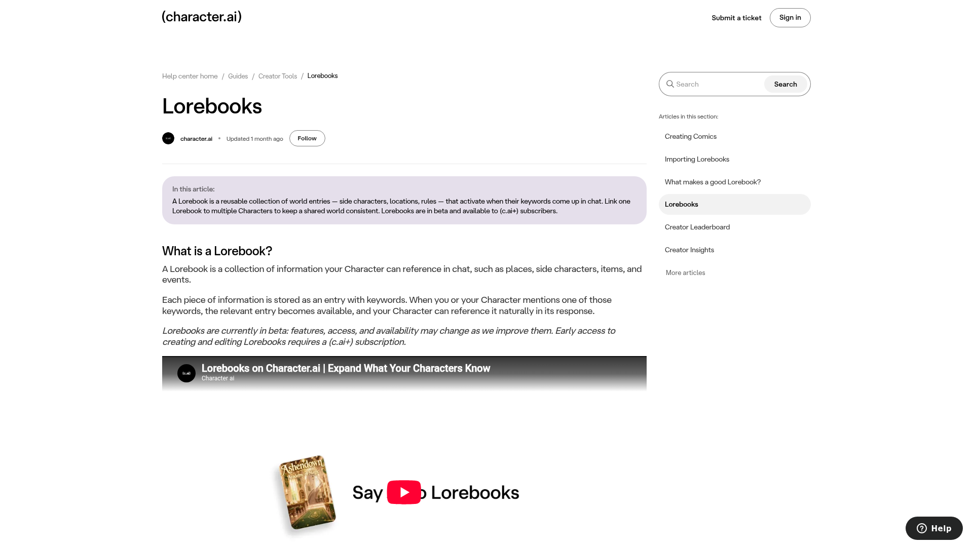 Character.AI official help center article describing how Lorebooks store reusable world entries
