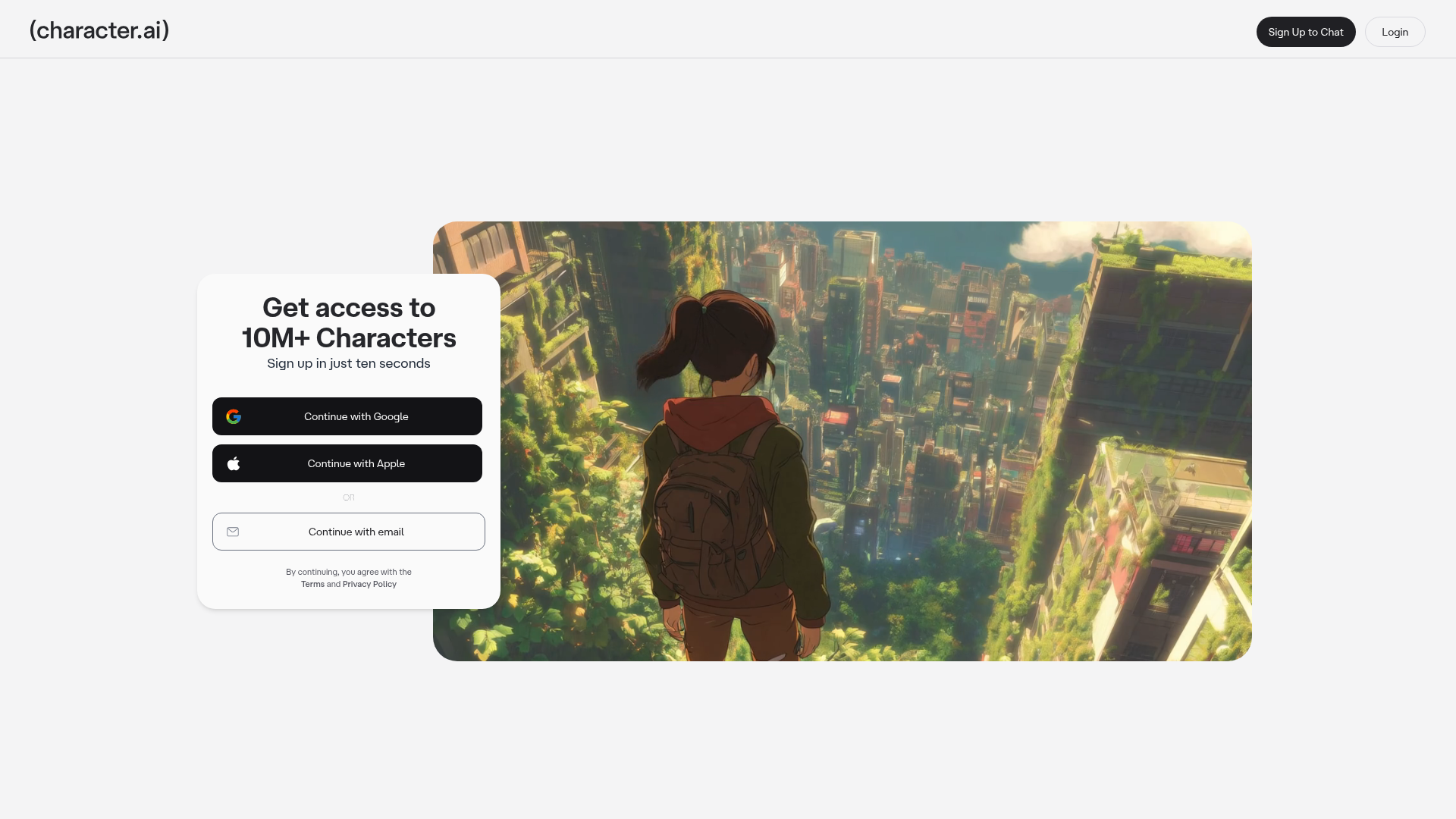 Character.AI Anmeldeseite mit Bibliothek von über 10 Millionen Charakteren