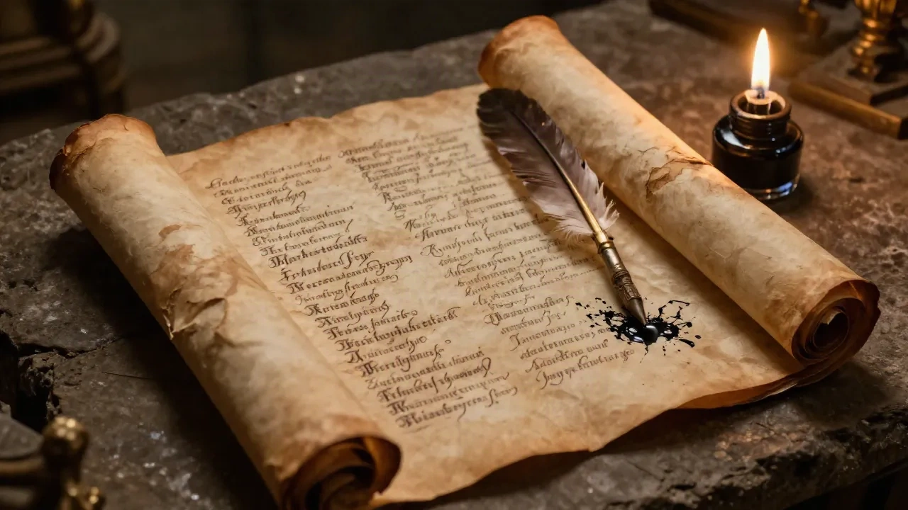 Altes Fantasy-Manuskript mit Runennamen und Federkiel im Kerzenlicht