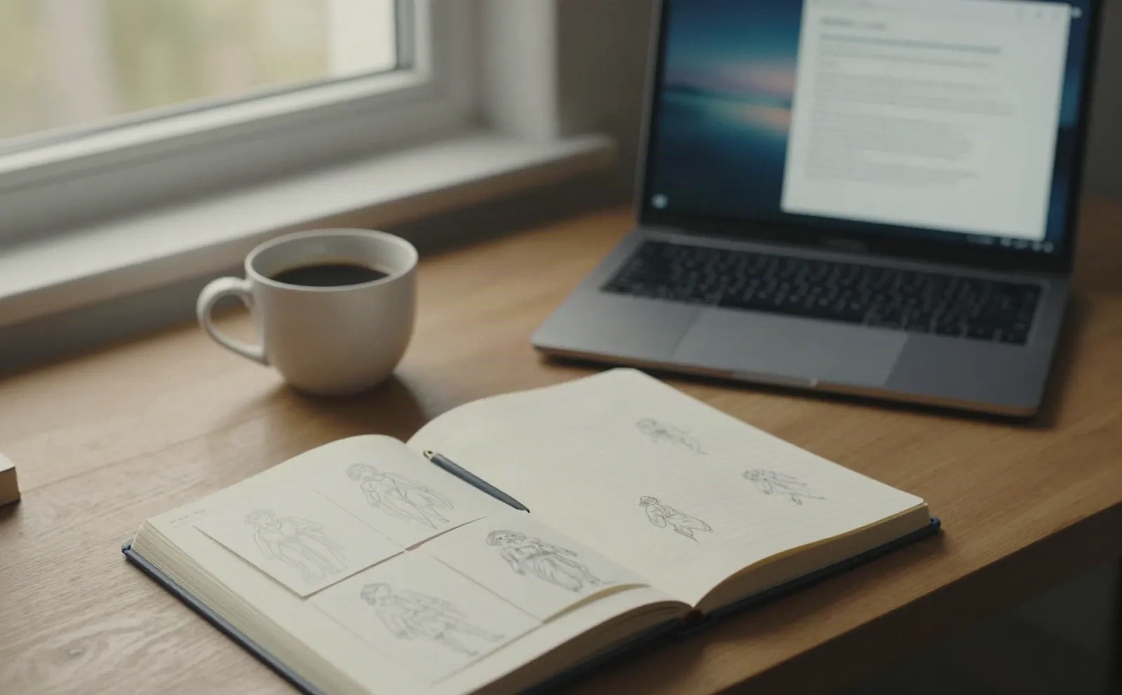 A writer's desk with an open sketchbook of character studies, coffee, and a laptop near a window