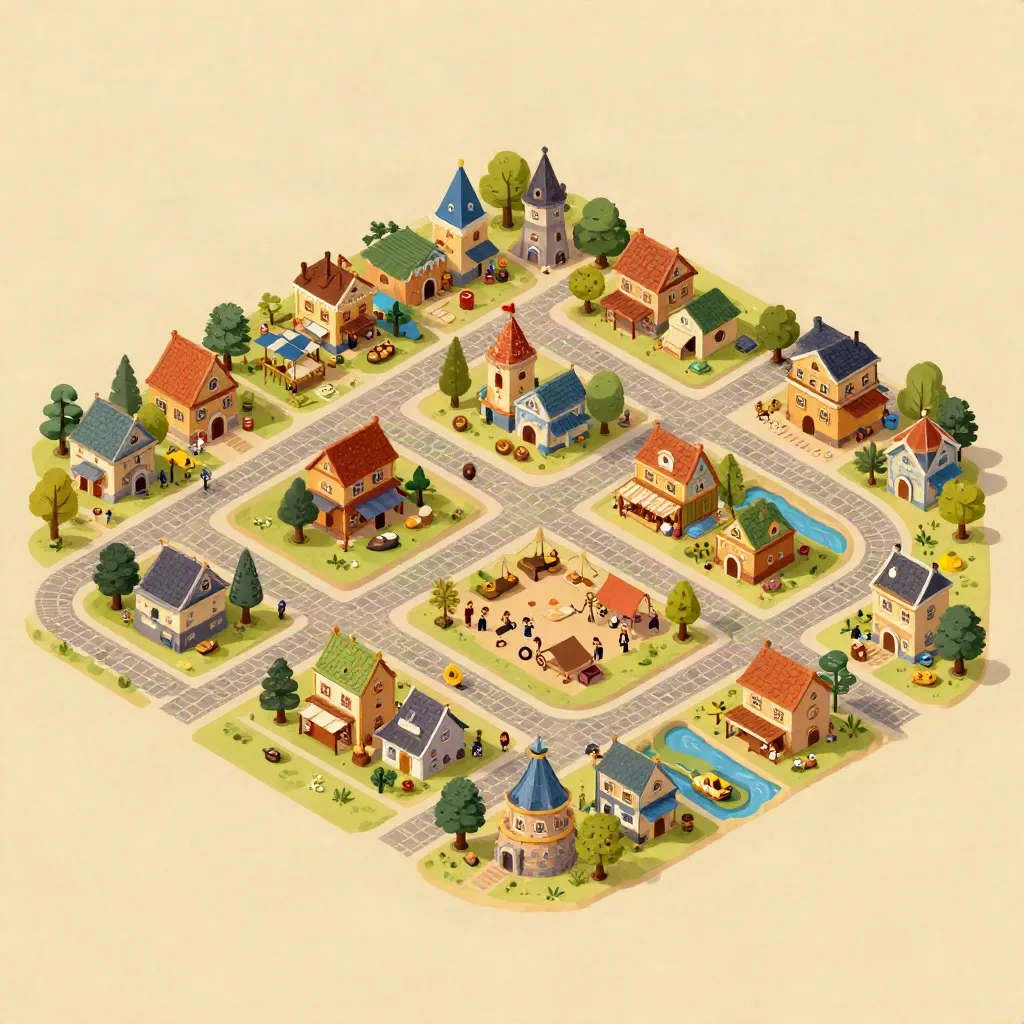 Isometric top-down view of a stylized fantasy village map with market square and river