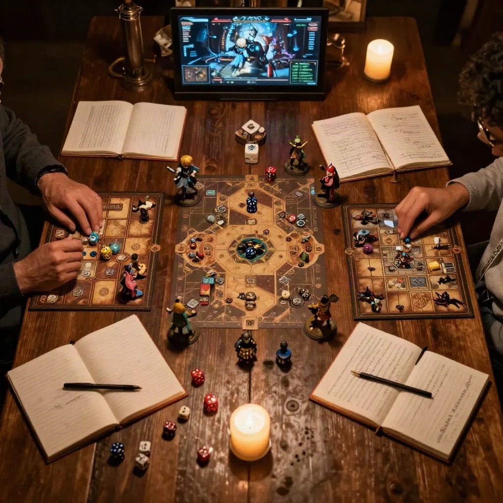 Tabletop RPG gaming session:キャラクターシート、ダイス、ミニチュアが並ぶTRPGセッションの卓