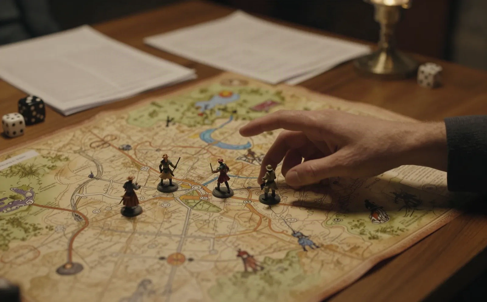 A hand moving miniature figures across a hand-drawn tabletop RPG campaign map