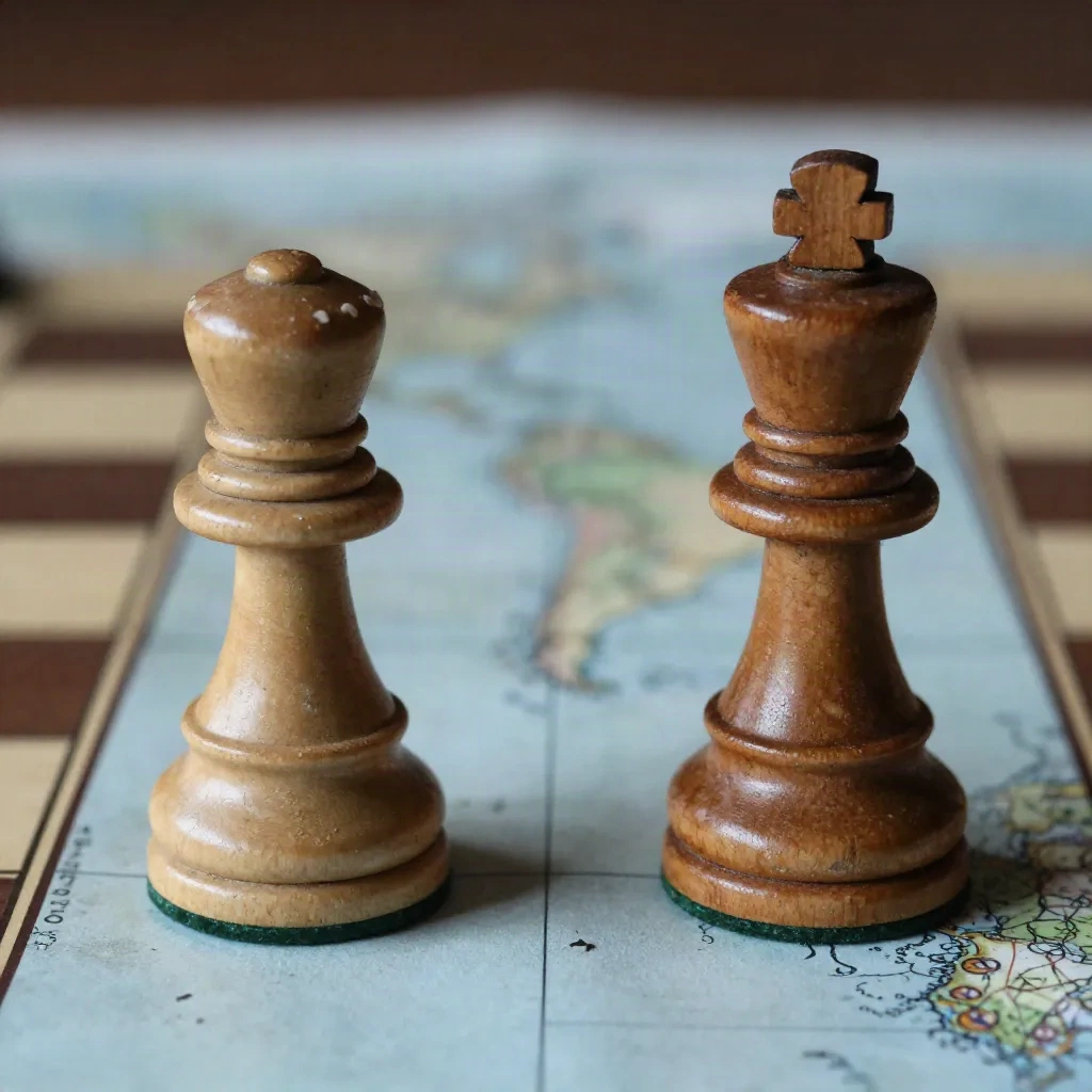 Two wooden chess pieces facing each other on a world map, one subtly different