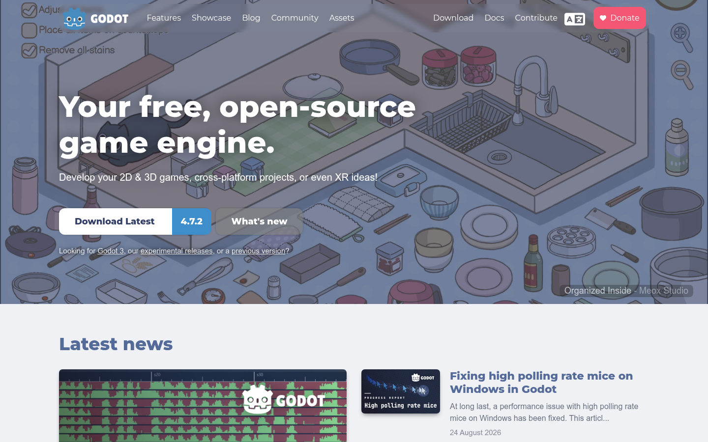 Página de inicio del motor Godot, estandarte de descarga 4.7.2