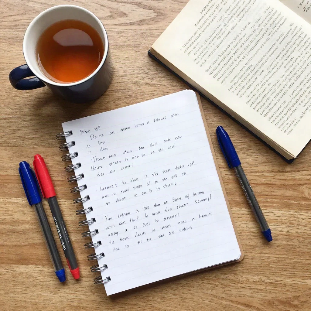 Notebook with character notes beside pens, tea and an open paperback