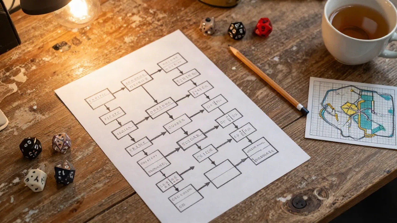 Printed one-page game design document with flowchart boxes on a worn desk beside dice, a pencil and a hex map sketch