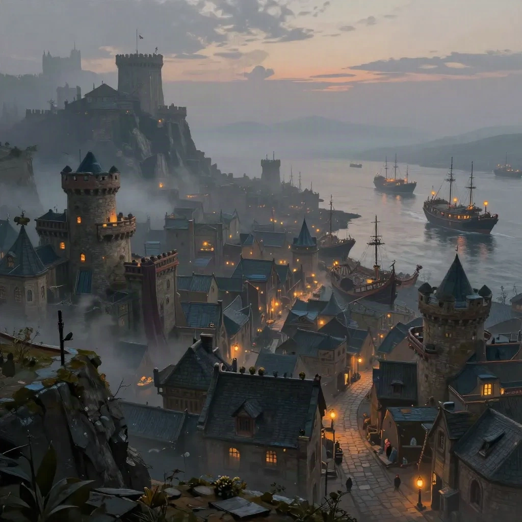 A fog-covered fantasy harbor city at dusk with towers, lantern-lit streets and anchored ships