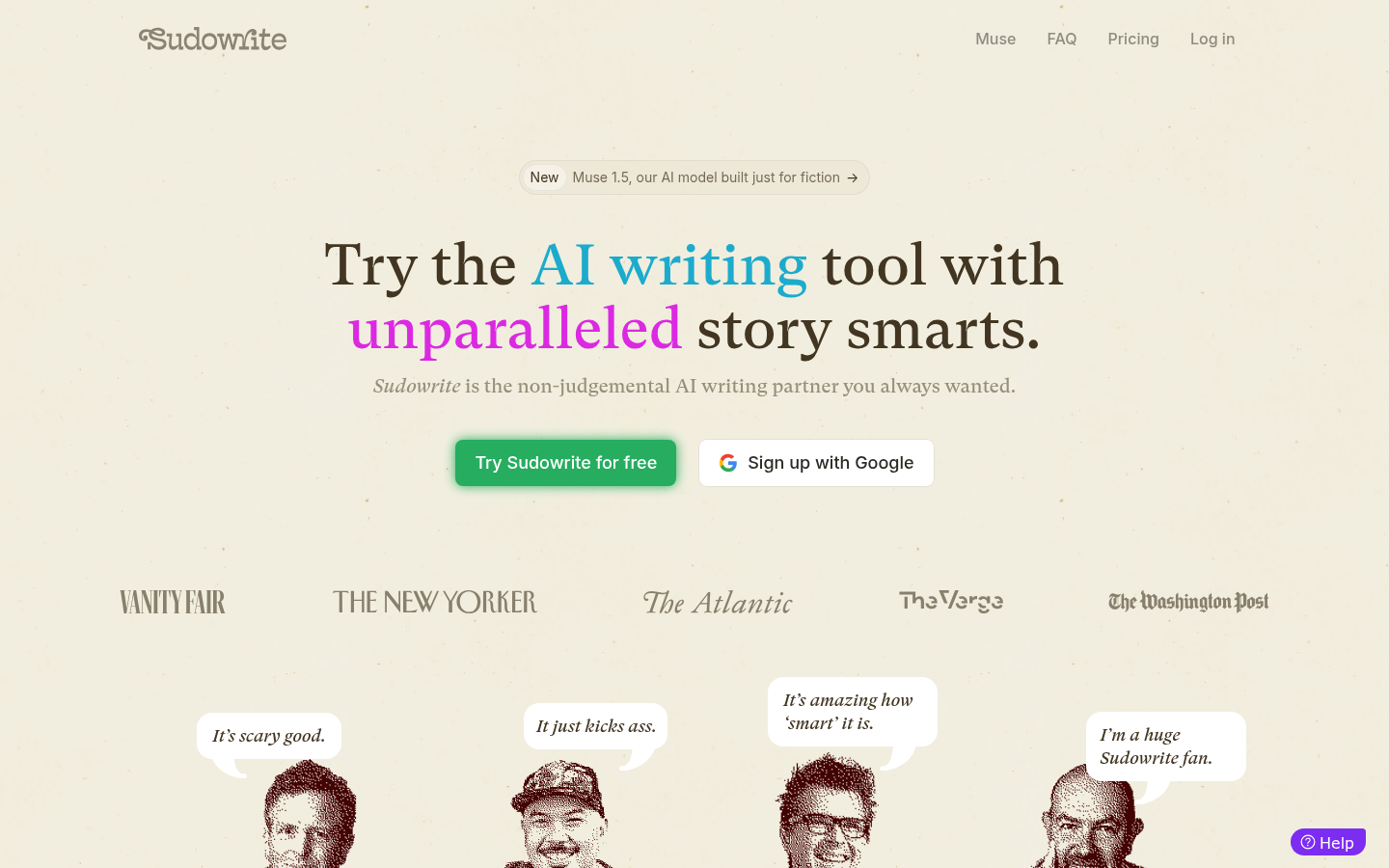 Page d'accueil de Sudowrite avec la bannière d'annonce de Muse 1.5