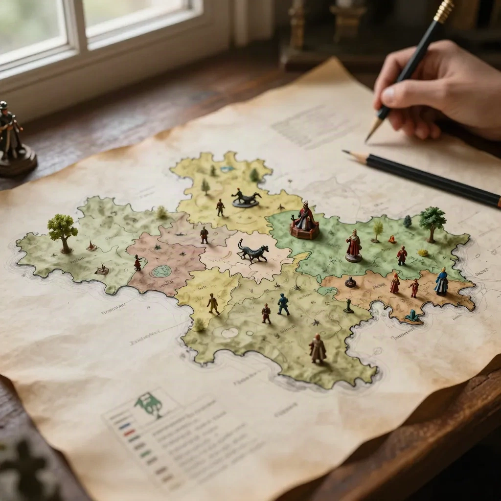 Hand-drawn region map with painted miniatures marking faction territories