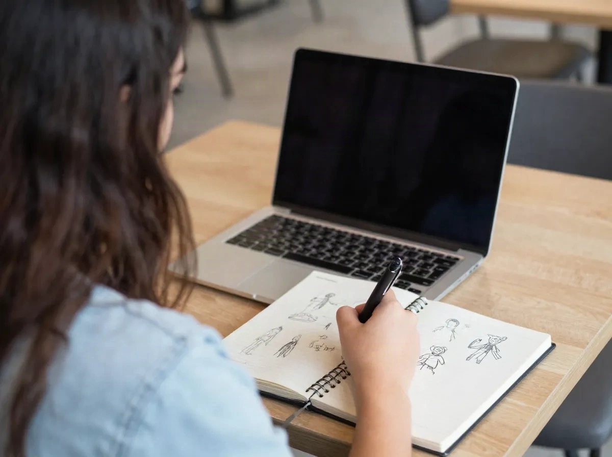 Penulis di meja kafe yang membuat sketsa karakter original di buku catatan di samping laptop