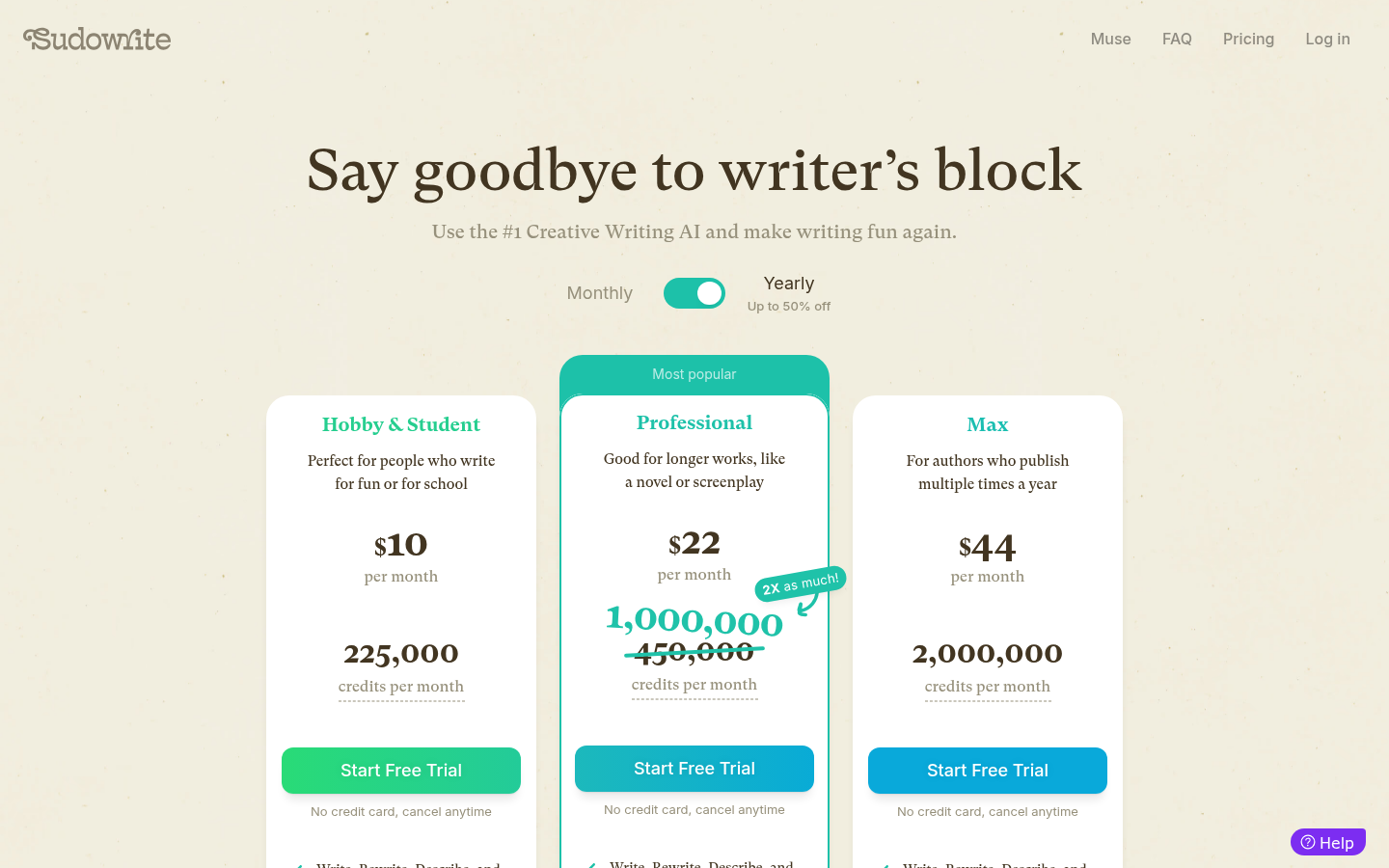 Pagina dei prezzi di Sudowrite con Hobby & Student $10, Professional $22 e Max $44 al mese