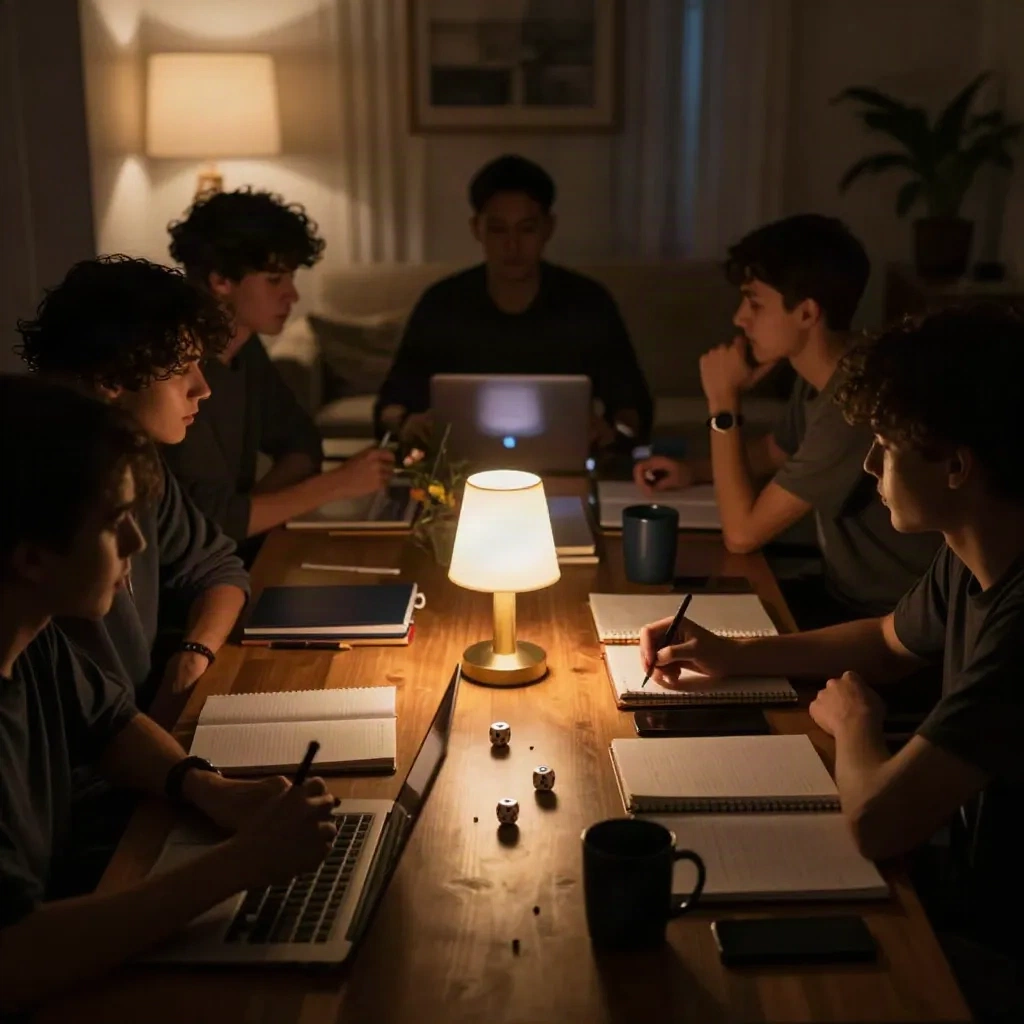 Players seated around a lamp-lit table with notebooks, laptops and dice during a campaign session zero
