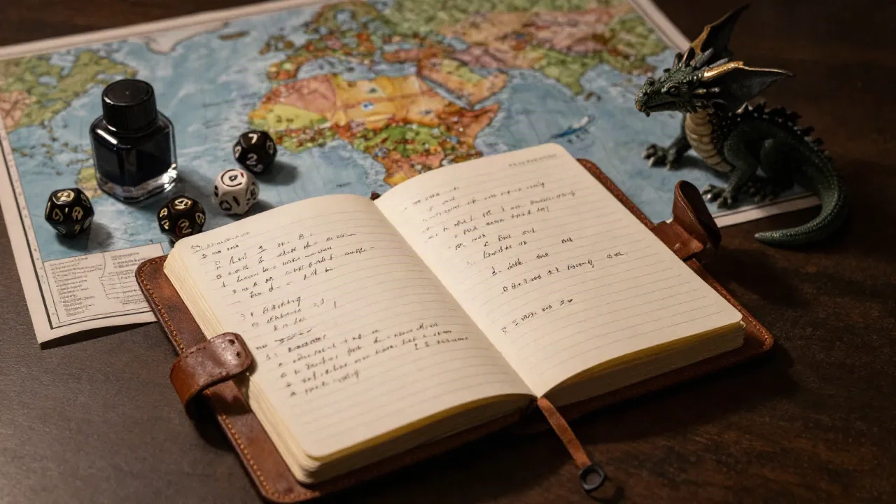 A leather worldbuilding notebook with handwritten lists, a fantasy map, ink bottle and dragon figurine