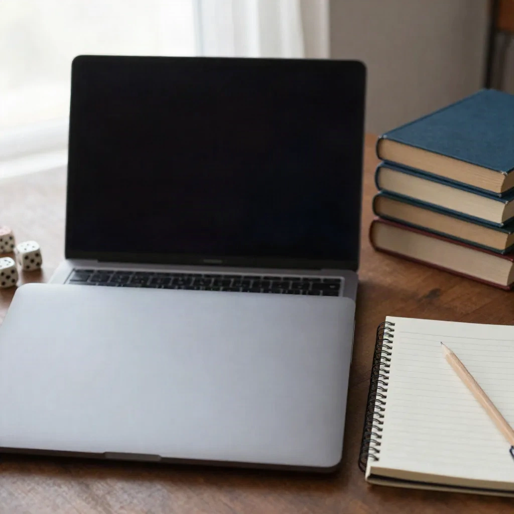 Closed laptop beside a blank notebook, pencil, dice and a stack of books on a game master table