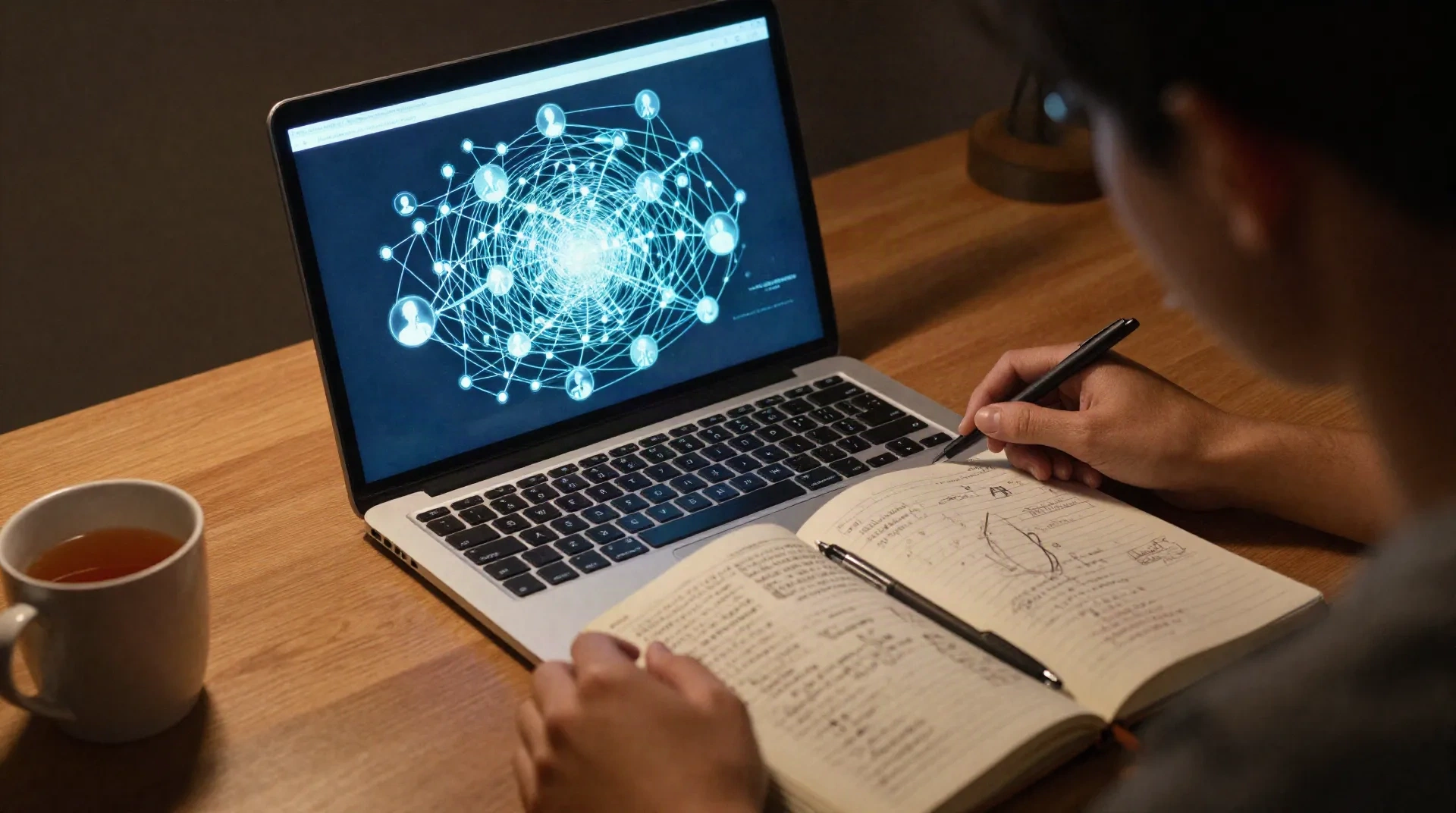 Fan fiction writer at a night desk with a laptop showing a connected web of characters and a notebook of alternate-universe timeline notes