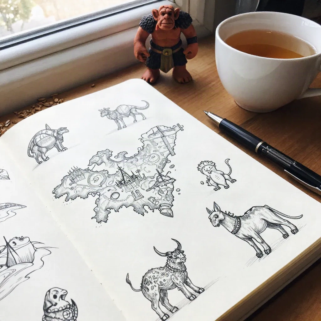 Buku catatan pembangunan dunia dengan sketsa makhluk dan peta, di samping figur half-orc dan secangkir teh