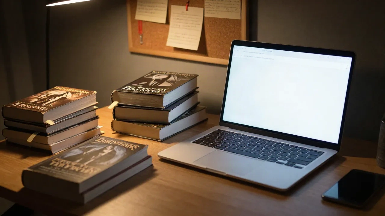 Schreibtisch eines Schriftstellers nachts mit einem leeren Dokument, gestapelten Fantasy-Romanen und einem Pinnwand voller Notizen