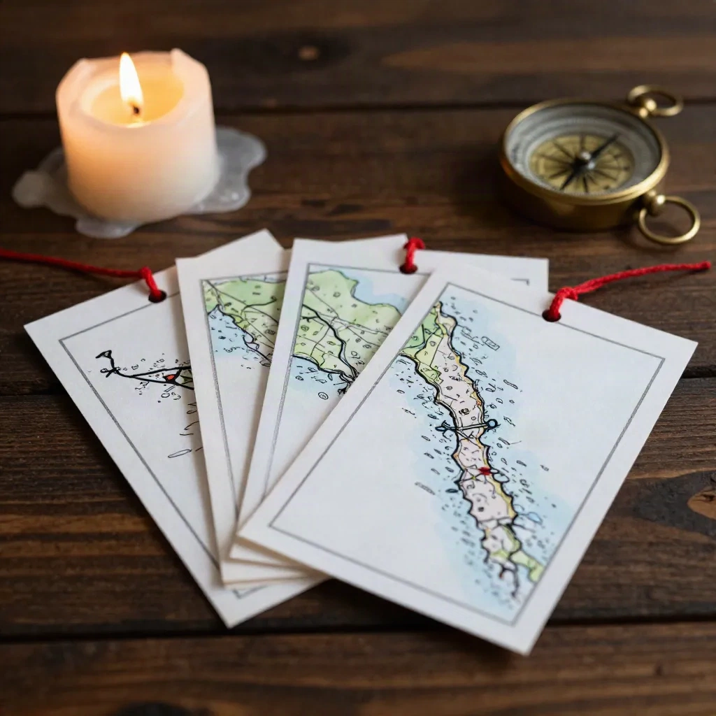 Four hand-drawn map cards tied with red string beside a candle and brass compass, used as campaign hooks