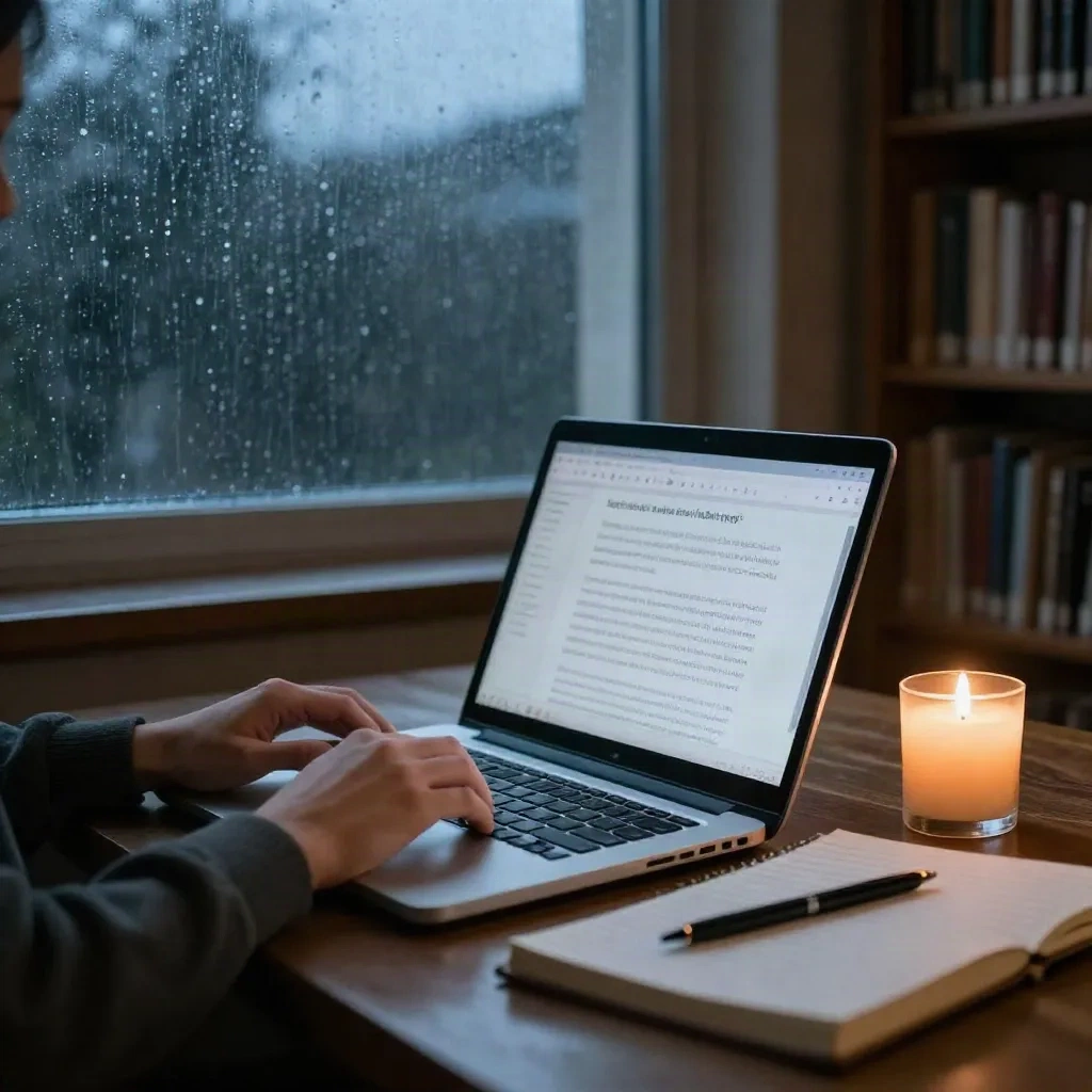 A writer typing a draft by candlelight on a rainy evening