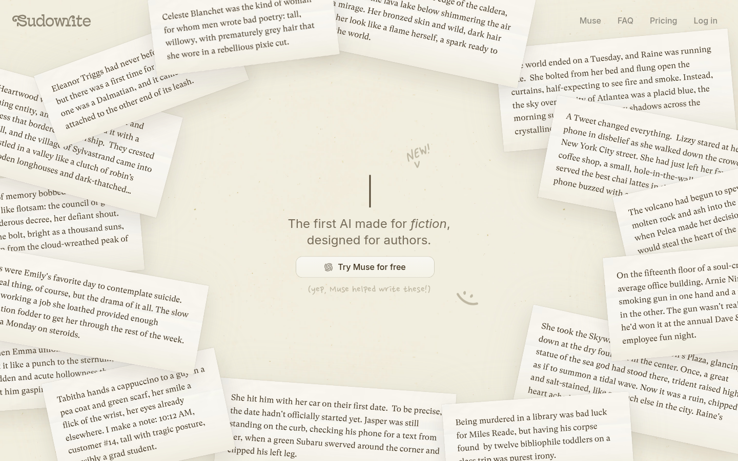 Landing page di Sudowrite Muse con esempi di frasi di apertura intorno al titolo