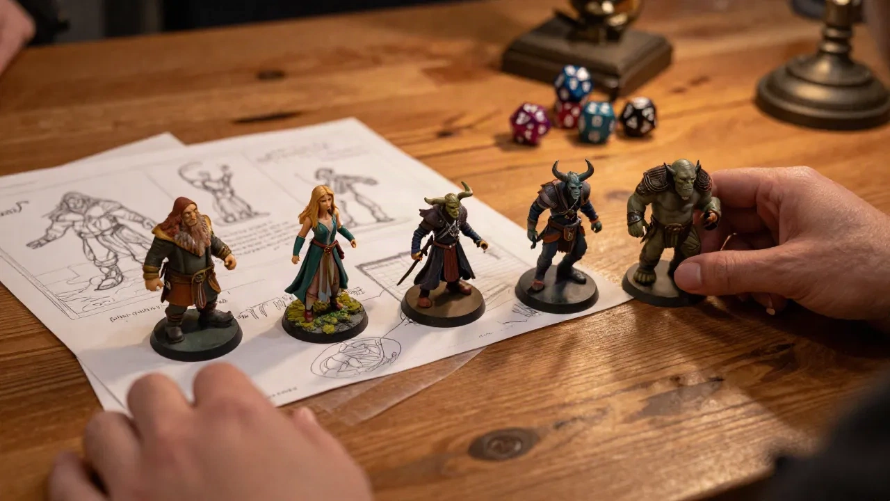 Handbemalte Zwerg-, Elfen-, Tiefling- und Ork-Miniaturen auf einem Spieltisch neben Charakterskizzen