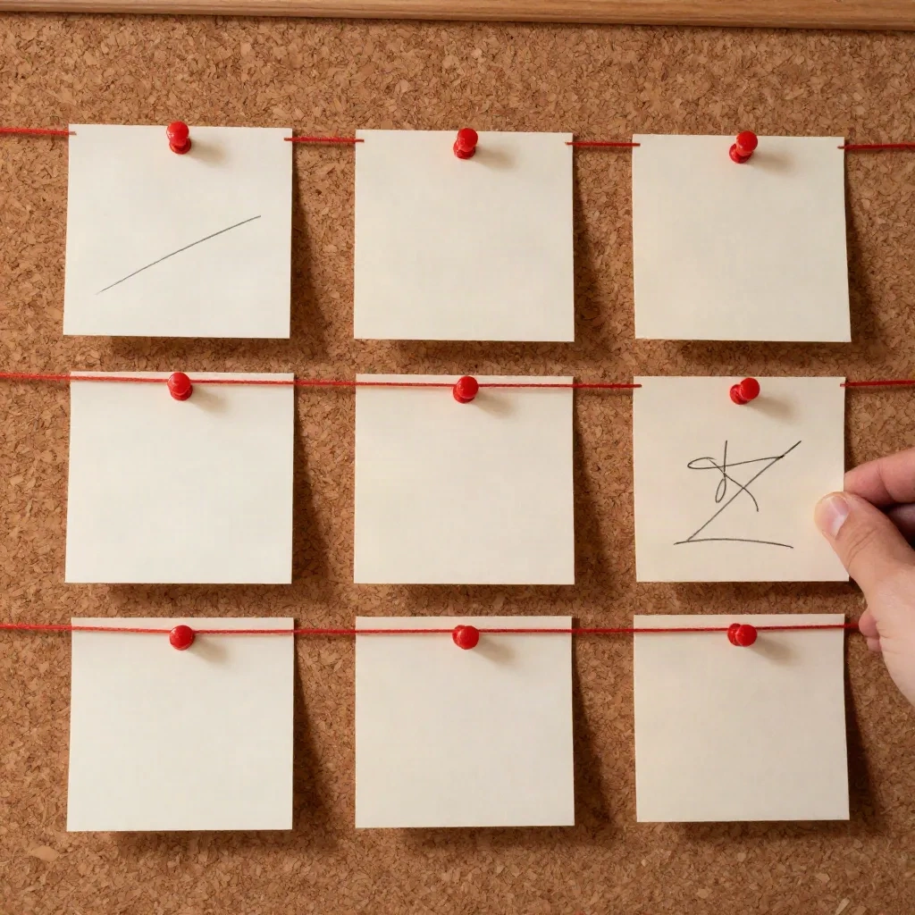 Cork board with nine blank index cards pinned in a grid, a hand adjusting one card