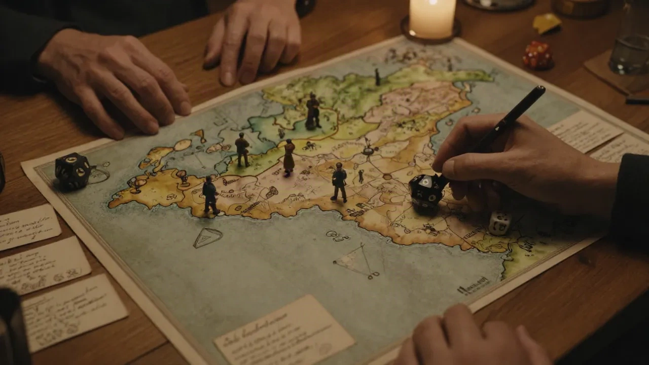 Une table de maître de jeu avec une carte fantasy dessinée à la main, des figurines, des dés et des fiches de campagne sous la lumière d'une bougie