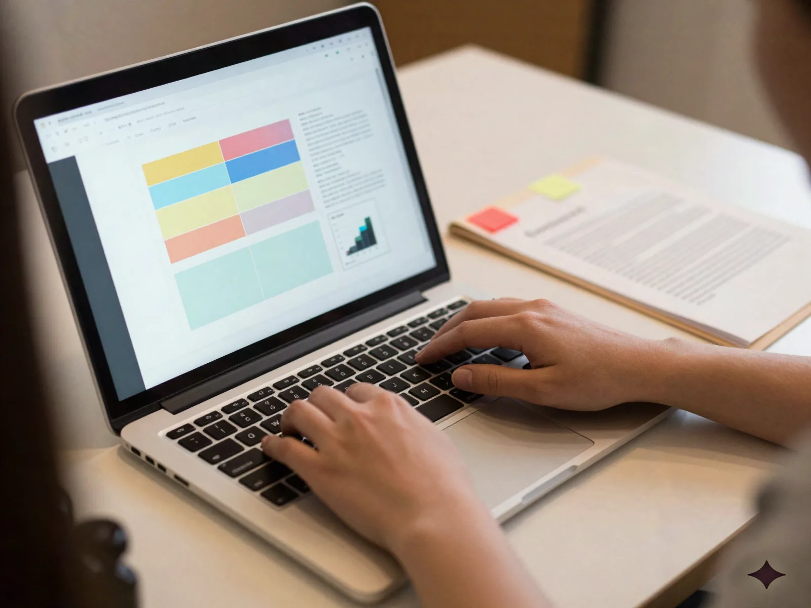 Hands typing at a laptop showing a structured document layout next to a flagged contract folder