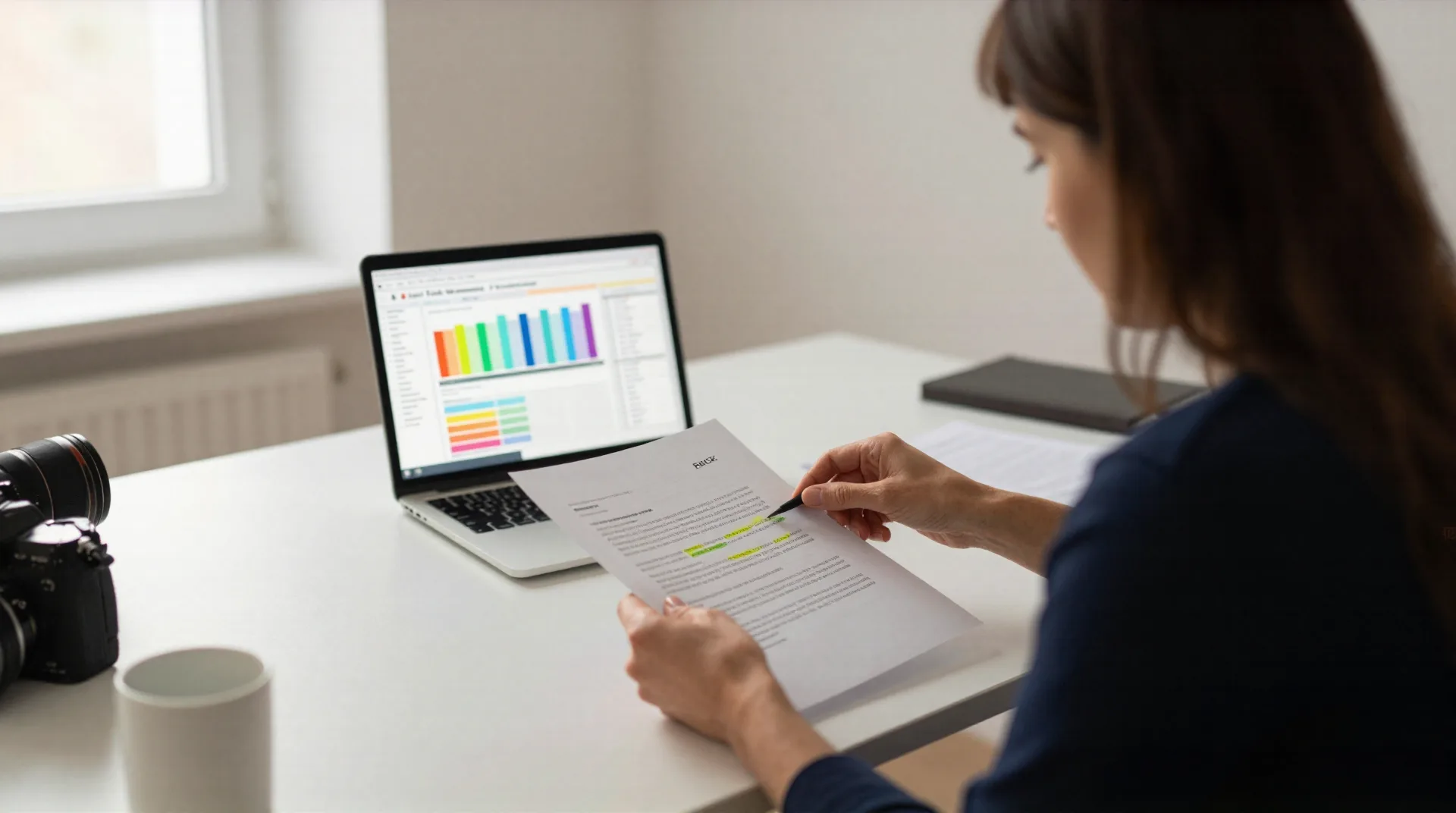 Legal Ops Manager überprüft einen Vertrag neben einem Laptop mit strukturiertem Report-Layout