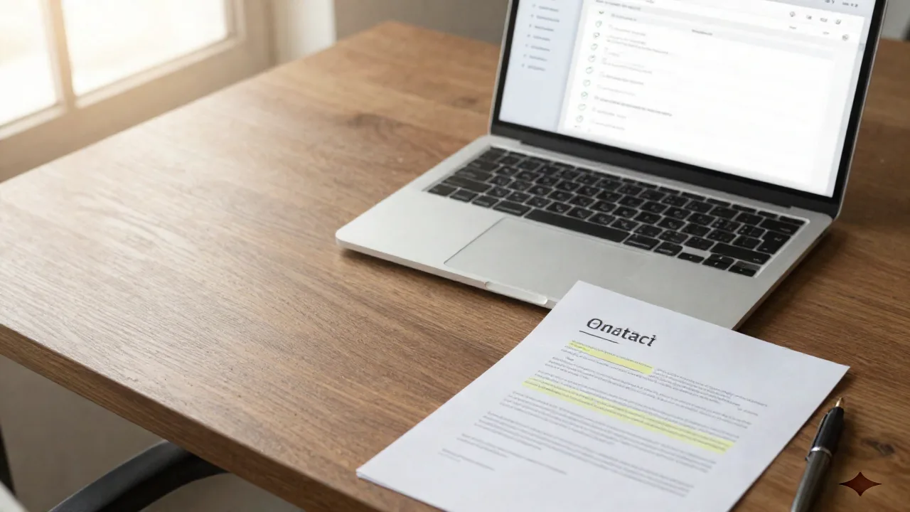 Portátil con checklist y página de contrato resaltada sobre un escritorio, que representa un generador de informes con IA para revisión de contratos