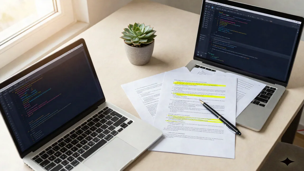 Flat-lay of a laptop showing a code editor next to a printed contract with clauses highlighted