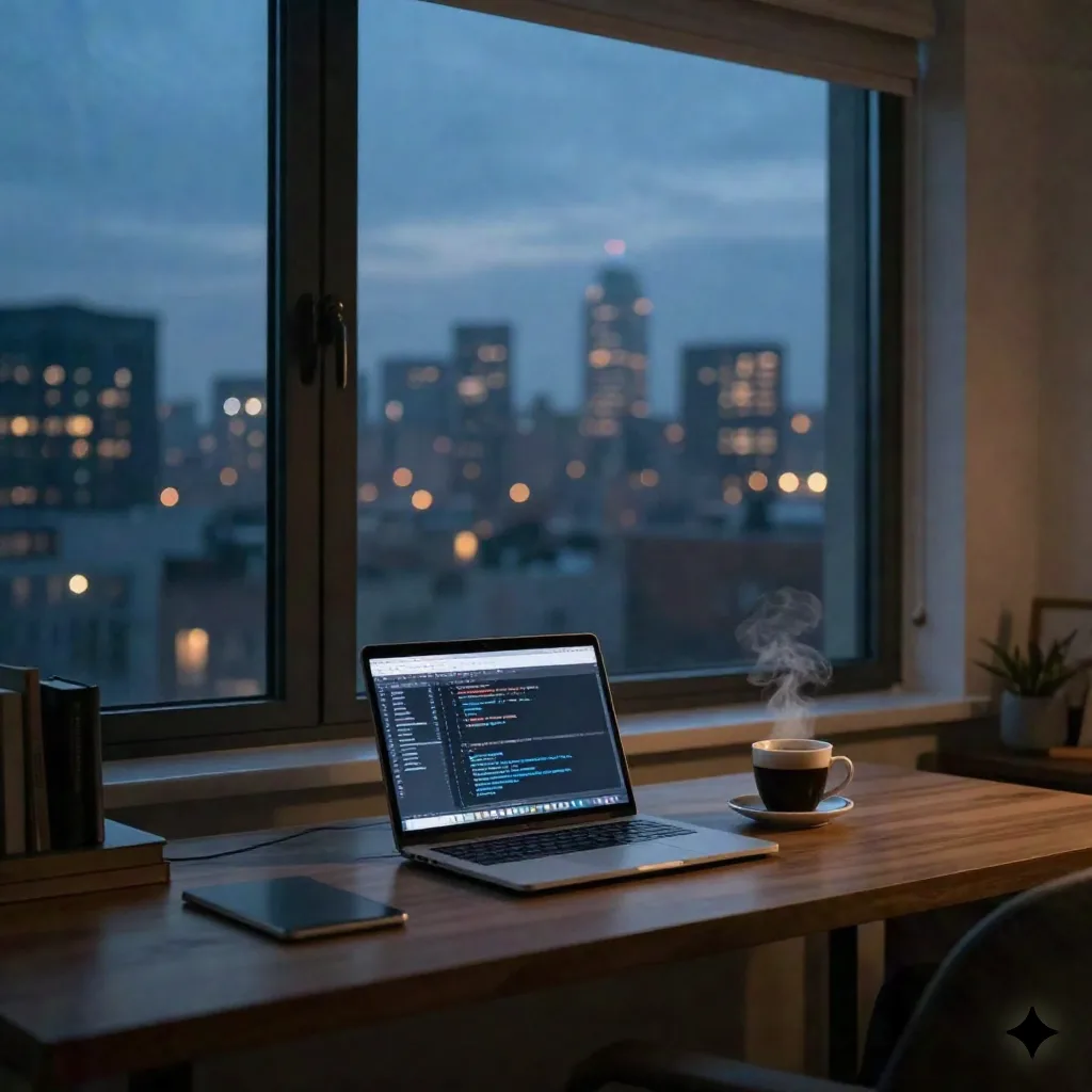 Home office desk at dusk with a laptop glowing and a city skyline through the window